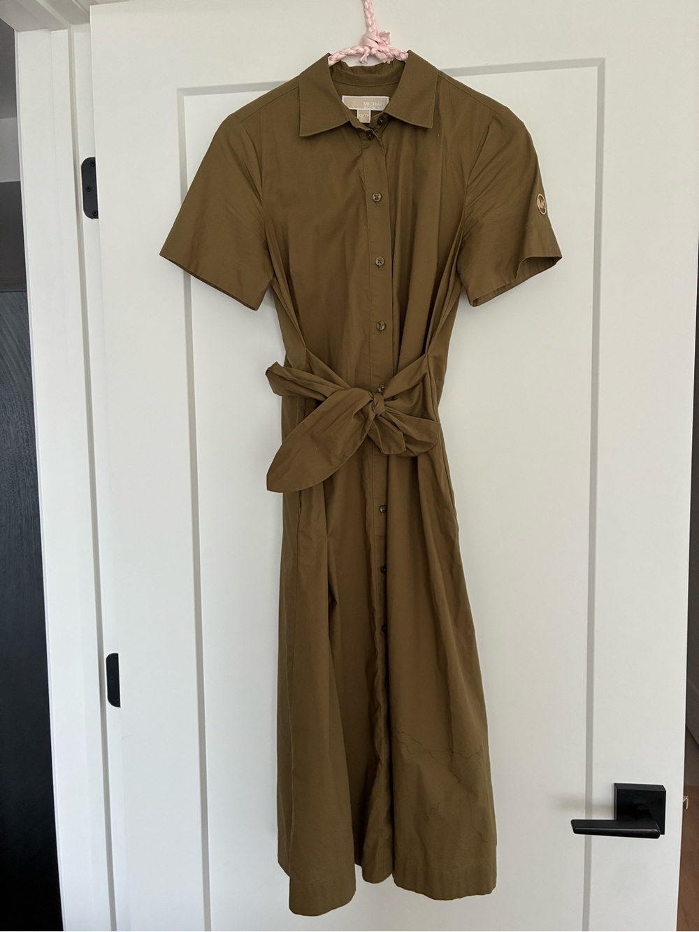 Michael Kors Olive Green Short-Sleeve Midi Shirt Dress